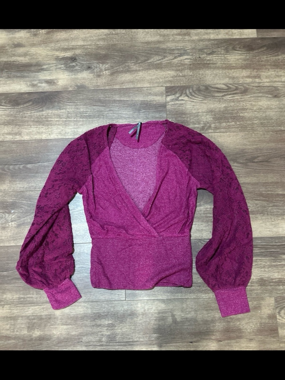 Anthropologie Wrap Front Lace Sleeve Top in Deep Magenta